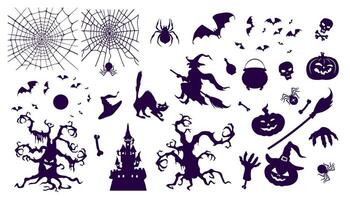Bats, spider with a web, full moon, witch, scary trees, dead man's hands, witch's cat, cauldron, bones, skull, castle, pumpkins. vector