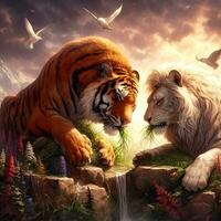 Harmony in the Wild, Majestic Tiger and Lion Feast on the Green Plains in Unison. AI Generated photo