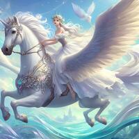 Enchanted Equestrian Soars, Majestic Princess Riding the Skies on a Winged Steed. AI Generated photo