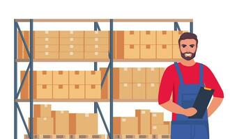 Warehouse worker and rack with cardboard boxes. Logistic Delivery Service Concept. Vector illustration.