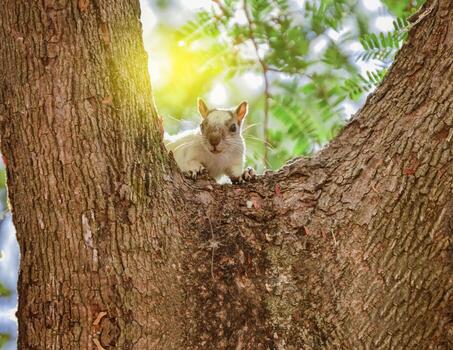 A squirrel in a tree staring, cute squirrel in a tree at sunset, gray squirrel in a tree staring at the camera photo