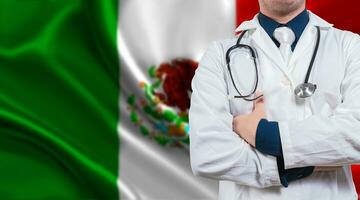 Doctor with stethoscope on Mexico flag. Doctor with arms crossed on Mexico flag background. Medical health and care on Mexican flag photo