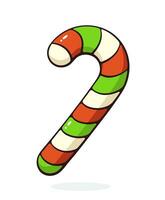 Cartoon illustration of Christmas candy cane with red and green stripes. Hand Drawn vector illustration with outline. Isolated on white background