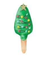 Festive ice cream or cake in the shape of a pine tree. Christmas and New Year illustration. Sweets on a stick. Watercolor and markers. Isolated handmade art. vector