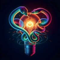 Serpentine Illumination, Mesmerizing Coiled Snakes Radiate Vibrant Brilliance Within a Colorful Bulb. AI Generated photo