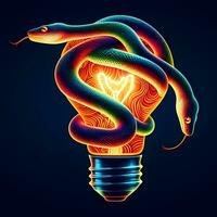 Serpentine Illumination, Mesmerizing Coiled Snakes Radiate Vibrant Brilliance Within a Colorful Bulb. AI Generated photo