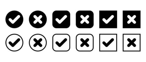 Checkmark and x cross mark icon vector set collection. Approve and decline sign symbol