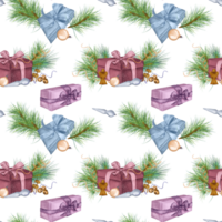 Kerstmis naadloos patroon van geschenk dozen, Kerstmis decoraties digitaal illustratie. pijnboom tak, hert, engel hand- getrokken. element voor vakantie afdrukken, nieuw jaar inpakken, achtergrond. png