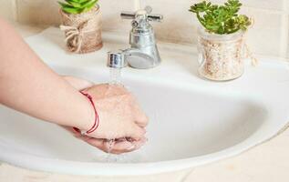 Close up of a person washing their hands with soap, concept of correct hand washing, ways to prevent covid19 photo