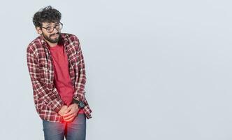 Person with urinary incontinence problems. Medical problem, urinary incontinence concept. young man with crotch pain, man with diarrhea problem photo