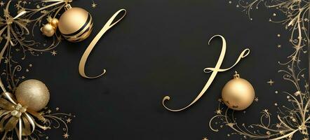 an elegant Christmas greetings banner with golden swirl ribbons gracefully winding around shining stars on a rich black background photo