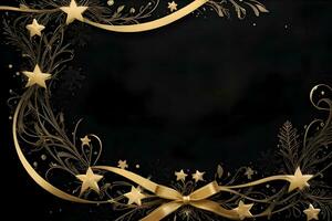 an elegant Christmas greetings banner with golden swirl ribbons gracefully winding around shining stars on a rich black background photo