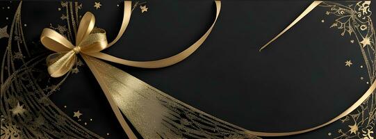 an elegant Christmas greetings banner with golden swirl ribbons gracefully winding around shining stars on a rich black background photo