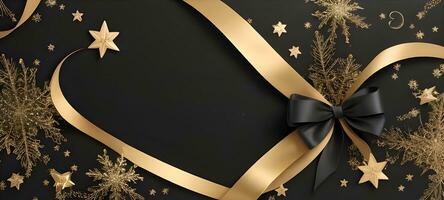 an elegant Christmas greetings banner with golden swirl ribbons gracefully winding around shining stars on a rich black background photo