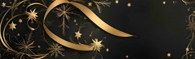 un elegante Navidad saludos bandera con dorado remolino cintas graciosamente devanado alrededor brillante estrellas en un Rico negro antecedentes foto