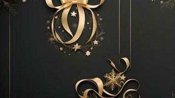 an elegant Christmas greetings banner with golden swirl ribbons gracefully winding around shining stars on a rich black background photo