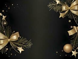 an elegant Christmas greetings banner with golden swirl ribbons gracefully winding around shining stars on a rich black background photo