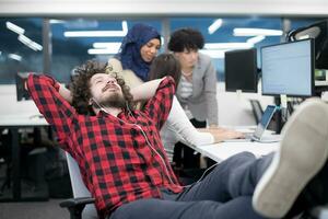 software developer resting with legs on desk photo