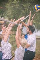 group of young friends playing Beach volleyball photo