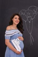 Portrait of pregnant woman in front of black chalkboard photo