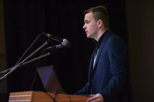 businessman giving presentations at conference room photo