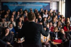 businessman giving presentations at conference room photo