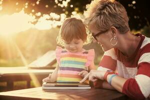 mom and her little daughter using tablet computer photo