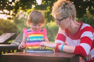 mom and her little daughter using tablet computer photo