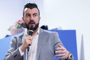 businessman giving presentations at conference room photo