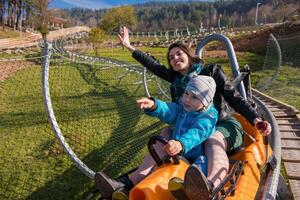 young mother and son driving alpine coaster photo