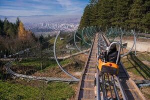 young mother and son driving alpine coaster photo