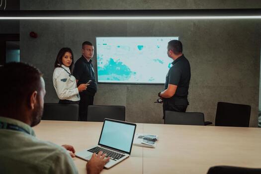 Group of Security data center operators working in a CCTV monitoring room looking on multiple monitors Officers Monitoring Multiple Screens for Suspicious Activities Team working on the System Contr photo