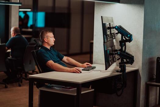 Male security operator working in a data system control room offices Technical Operator Working at workstation with multiple displays, security guard working on multiple monitors Male computer opera photo