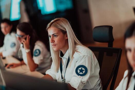 Female security operator working in a data system control room offices Technical Operator Working at workstation with multiple displays, security guard working on multiple monitors photo