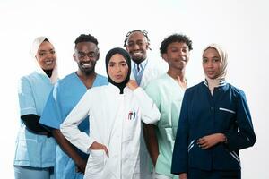 equipo o grupo de un doctor, enfermero y médico profesional compañeros de trabajo en pie juntos. retrato de diverso cuidado de la salud trabajadores mirando seguro. medio oriental y africano, musulmán médico equipo. foto