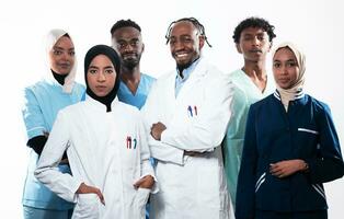 Team or group of a doctor, nurse and medical professional coworkers standing together. Portrait of diverse healthcare workers looking confident. Middle Eastern and African, Muslim medical team. photo