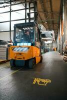 Forklift loader in storage warehouse ship yard. Distribution products. Delivery. Logistics. Transportation. Business background photo