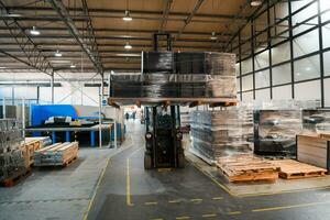 Forklift loader in storage warehouse ship yard. Distribution products. Delivery. Logistics. Transportation. Business background photo