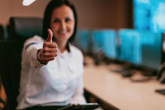 Portrait of female security operator while working in a data system control room offices Technical Operator Working at workstation with multiple displays, security guard working on multiple monitors photo
