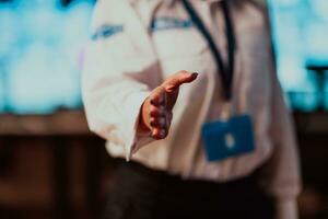 Close up photo of a female hand working in a security center. Concept of client support