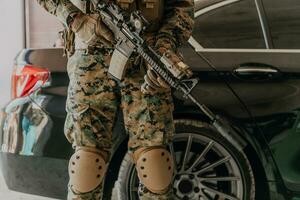 American marine corps special operations soldier preparing tactical and commpunication gear for action battle closeup photo