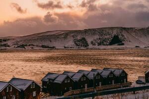 Traditional Norwegian fisherman's cabins and boats photo