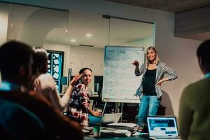 A pregnant businesswoman leads a creative meeting of a diverse business team in a modern coworking photo