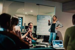 A pregnant businesswoman leads a creative meeting of a diverse business team in a modern coworking photo