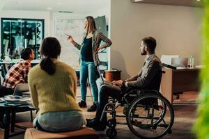 A pregnant businesswoman leads a creative meeting of a diverse business team in a modern coworking photo