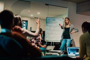 A pregnant businesswoman leads a creative meeting of a diverse business team in a modern coworking photo