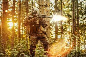 A modern warfare soldier on war duty in dense and dangerous forest areas. Dangerous military rescue operations photo