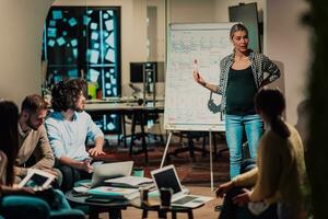 A pregnant businesswoman leads a creative meeting of a diverse business team in a modern coworking photo