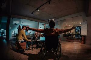 Business persons with a disability at work in modern open space coworking office on team meeting using virtual reality goggles. photo