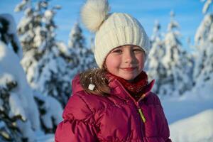 linda pequeño niña en hermosa invierno día foto